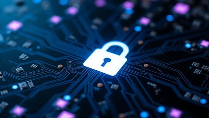 Digital padlock on blue circuit board, data security and privacy.