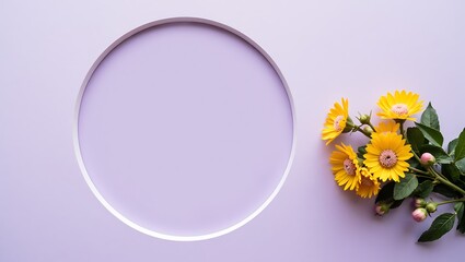 Purple background with circular frame and vibrant yellow flowers