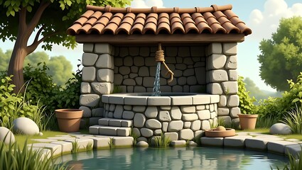 Traditional stone well with tiled roof, rope and flowing water
