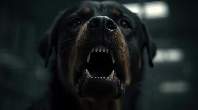 Close up of a rottweiler showing its teeth menacingly