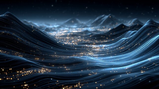 Abstract visualization of data streams resembling glowing waves in a digital ocean