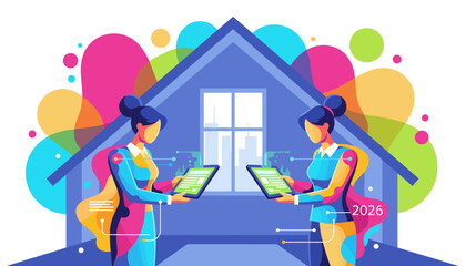 Digital real estate agents manage property data on tablets in a smart home technology illustration