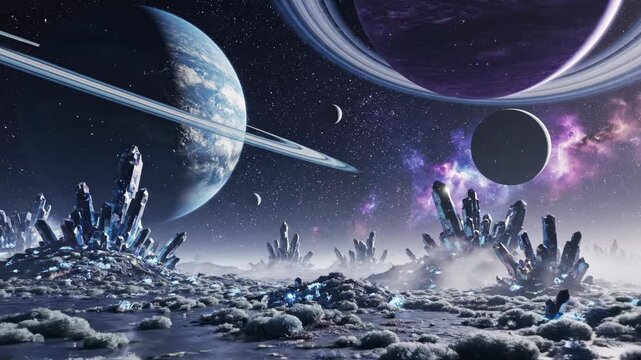 Paisaje c&oacute;smico de otro planeta con cristales y vista de planetas, video futurista