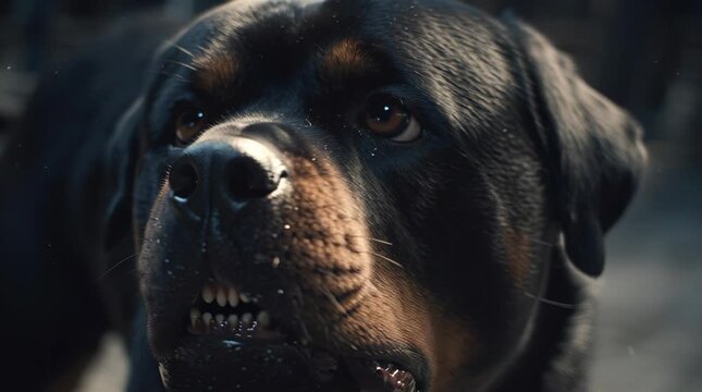 Close up shot of a rottweiler showing its teeth