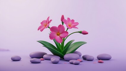 Stylized pink flowers and lavender stones on a pastel background