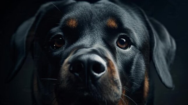 Close up of a rottweiler against a dark background