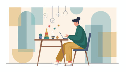 Remote worker using laptop at a festive desk Christmas work from home illustration