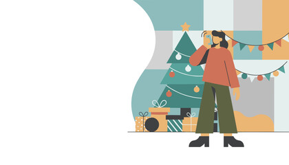 Talking on phone by festive tree Holiday communication banner with copy space