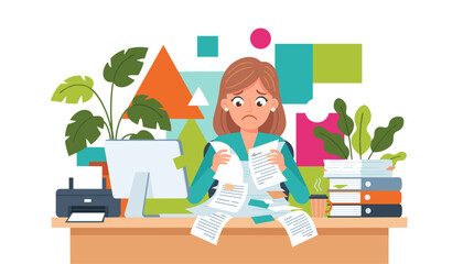 Frustrated office worker stressed by excessive paperwork and administrative workload