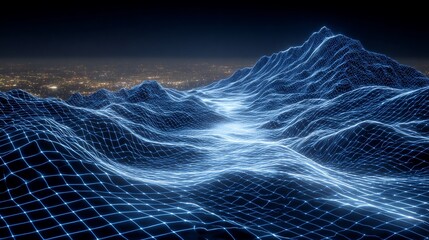 Abstract Wireframe Landscape with Glowing Grid and Distant Cityscape at Night