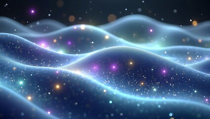 Shimmering blue waves with vibrant bokeh lights and glitter particles