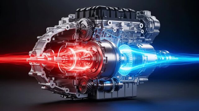 Hybrid Engine Powertrain 3D Animation Red and Blue Energy Flow