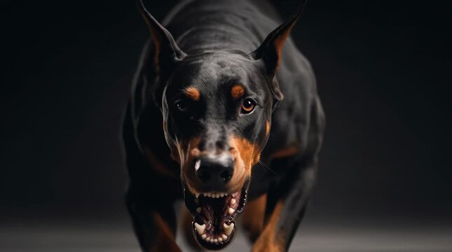 Angry doberman running towards the camera snarling