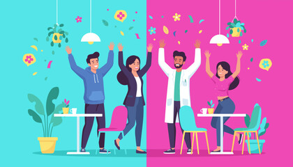 Happy diverse group celebrating achievement Teamwork success vector illustration
