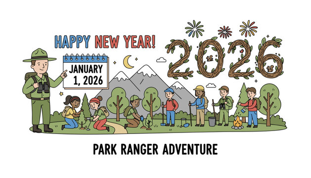 Happy New Year 2026 nature adventure Park ranger and diverse volunteers celebrate conservation