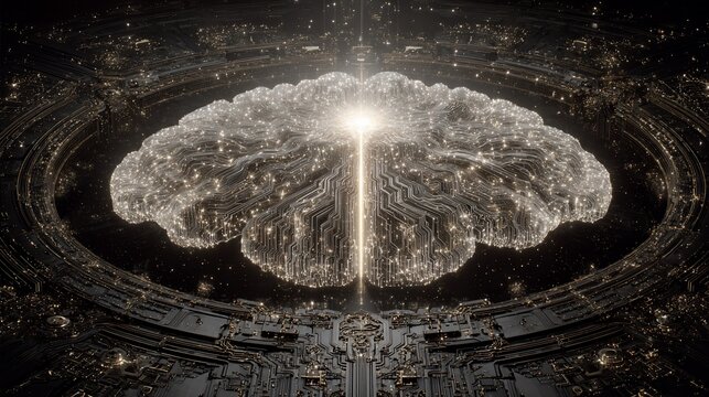 Artificial intelligence brain concept with circuit board design and glowing lights symbolizing