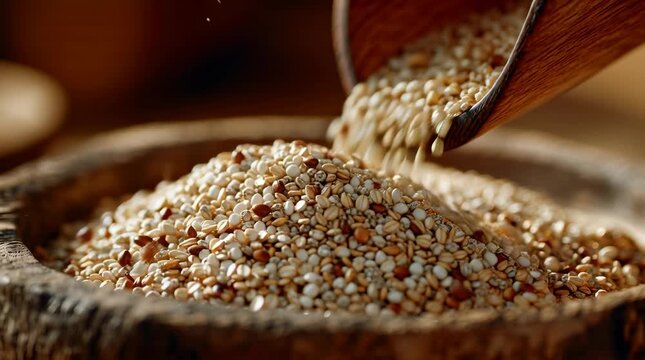 Quinoa seeds being poured into a wooden bowl close