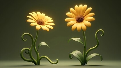 Bright yellow stylized flowers with whimsical curly green stems