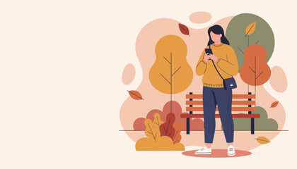 Woman using smartphone in autumn park illustration Fall season technology and leisure concept
