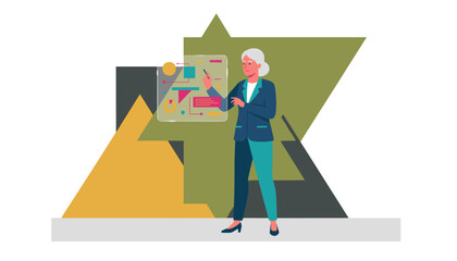 Senior professional woman presenting data using an interactive holographic screen