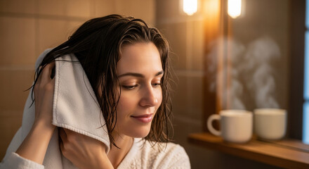 Woman gently towel drying hair in modern bathroom with steaming cups on counter. Soft towel used for absorption, showcasing post-shower hair care routine.