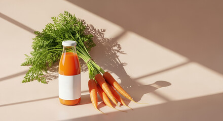 Minimalist still life with bottle of carrot juice and fresh carrots on soft surface. Still life includes vibrant carrot juice in glass bottle with white label