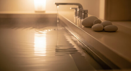 Relaxation bath with calm water and smooth pebbles beside faucet. Soothing atmosphere enhances relaxation bath experience with gentle ripples and warm light. Ideal for spa and wellness concepts.