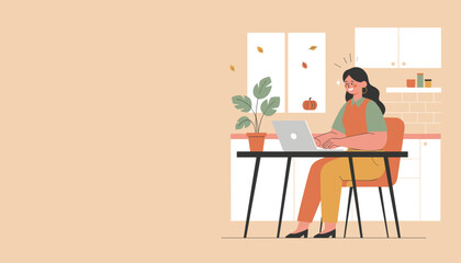 Smiling woman uses laptop for remote work in a cozy autumn home office setting