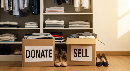 Decluttering wardrobe with boxes for donate or sell items on wooden floor, stacked clothes organized neatly on shelves.