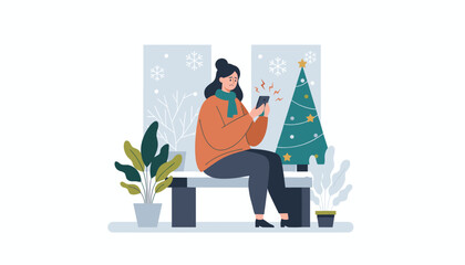Frustrated woman checks bad phone signal by the Christmas window Winter communication failure