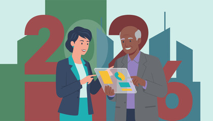 Business colleagues analyze 2026 strategy using a futuristic screen against a city background