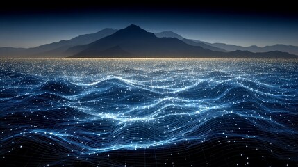 Digital ocean network reflecting mountain range and twilight sky landscape