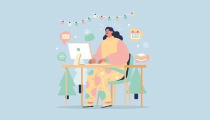 Female remote worker stressed by holiday deadlines and workload in comfortable pajamas