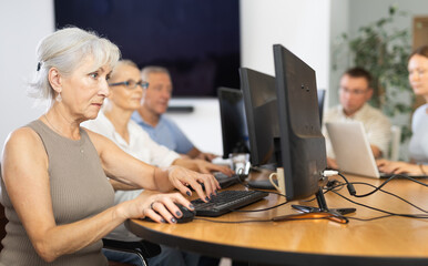 Gray-haired elderly lady engrossed in exploring digital realm at internet cafe, using computer, demonstrating curiosity of modern seniors towards technology