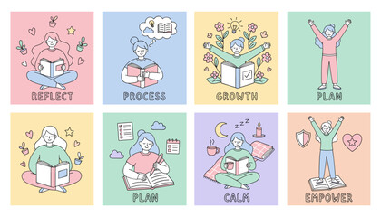 Fototapeta premium Personal growth concepts vector illustrations reflect process plan growth calm empower
