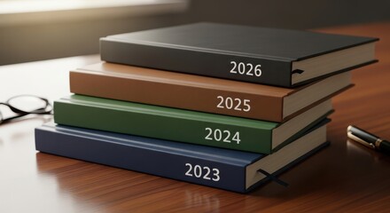 Multi-Year Planning 2023-2026: Stack of Planners on a Desk