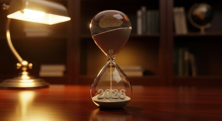 Sands of Time 2026: Hourglass on a Desk Symbolizing the New Year Transition