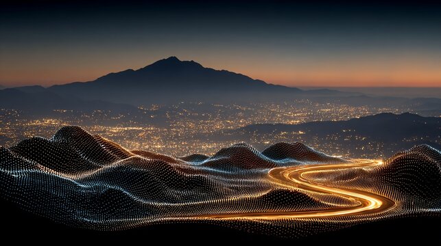 Digital rendering of a mountain road with city lights in the distance illuminated with car trails