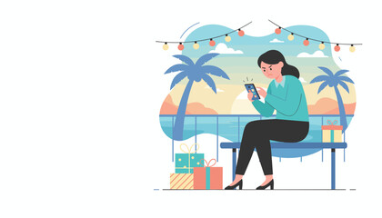 Frustrated woman on holiday checking smartphone with gifts and palm trees nearby