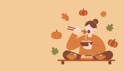 Person eating Asian cuisine with chopsticks surrounded by fall leaves and pumpkins Autumn harvest concept