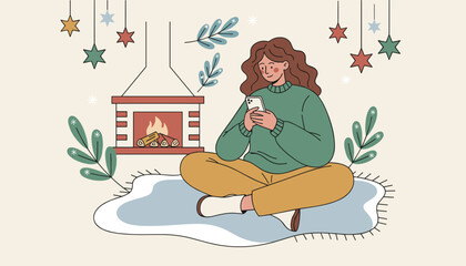 Woman relaxes by a cozy fireplace using her smartphone Winter holidays home comfort digital connection