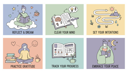 Selfcare and wellness doodle grid journaling meditation goal setting and mental clarity concepts