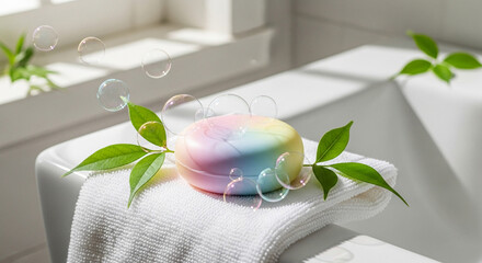 A smooth pastel-colored soap bar resting on a white towel beside a sink, surrounded by bubbles and fresh green leaves