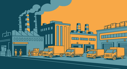 Obraz premium Busy industrial logistics center illustration with factories workers and fleet of delivery trucks