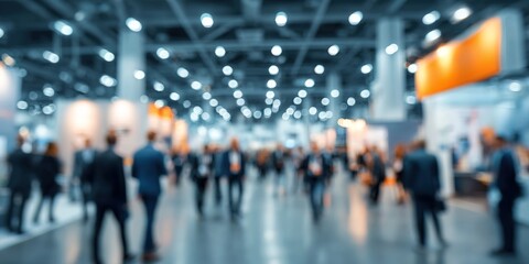 Abstract Blurred Focus of Trade Show Event with Business Conference, Exhibition, Job Fair, and Tech Expo. AI-Generated 4K High-Quality Wallpaper Depicting Busy Exhibition Hall with Blurred Individuals
