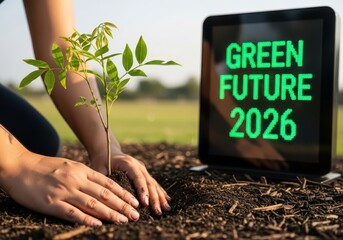 Green Future 2026: Hands Planting a Sapling with Digital Monitor