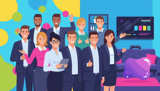 Diverse successful business team smiling confidently in a modern collaborative office setting