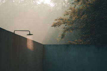 modern outdoor shower in spa area exudes tranquility with rain shower effect against textured stone wall