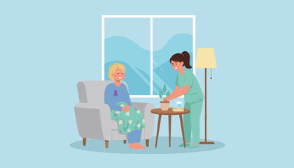 Caregiver assists smiling senior patient at home Health recovery and professional support services