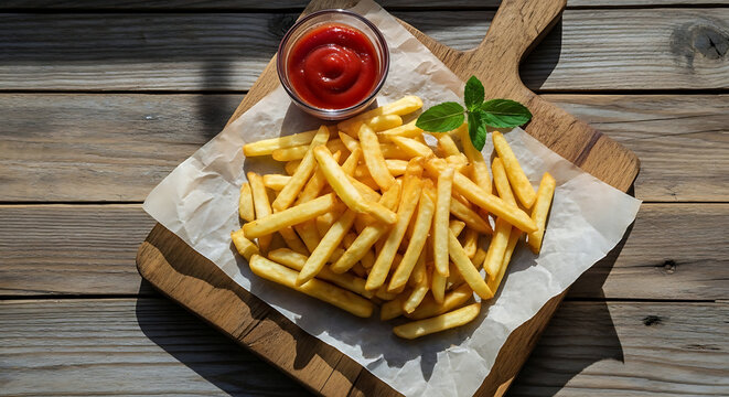 Golden, crispy french fries served with a small bowl of ketchup and a sprig of basil on a wooden board.